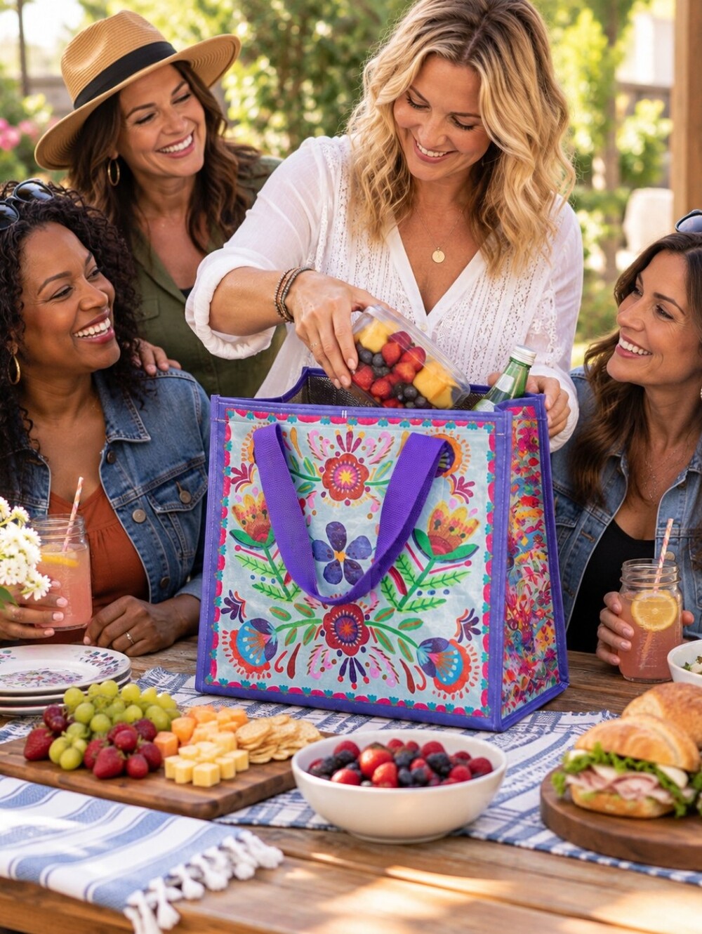 NATURAL LIFE Insulated Cooler Tote Dusty Blue Folk Flower Floral Reusable Bag